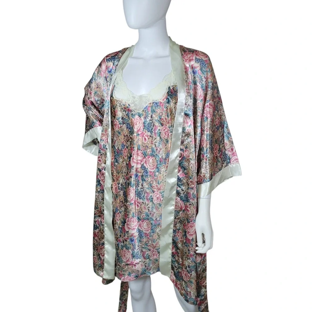 Vintage‎ Robe Slip Dress Set Womens M Floral Satin Lace Trim Nightgown Feminine